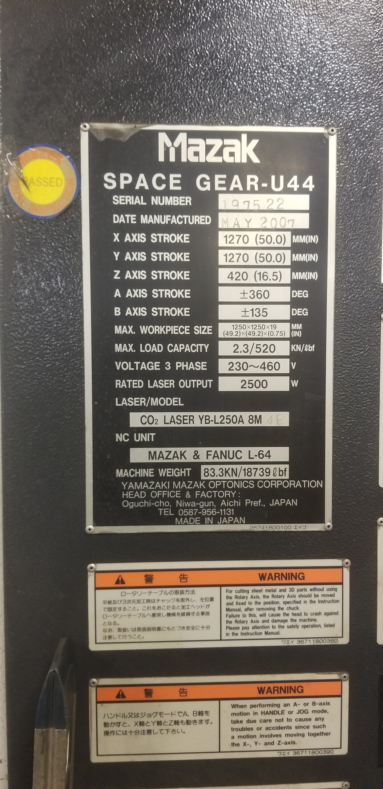 2500 Watt Mazak Space Gear U44 5-Axis CNC Laser, 2007- 4' x 4', Resonator Rebuilt in 2017, Fanuc 160i-LB Control - Image 8