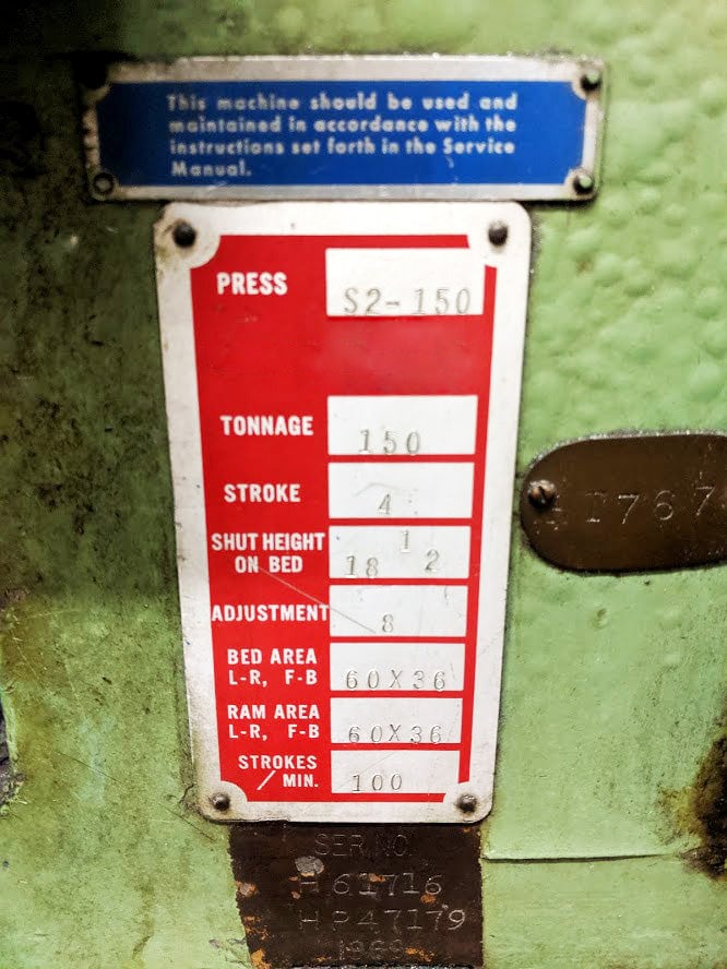 Bliss 150 Ton Press, Model S2-150-60-36 **Priced to Move** - Image 7