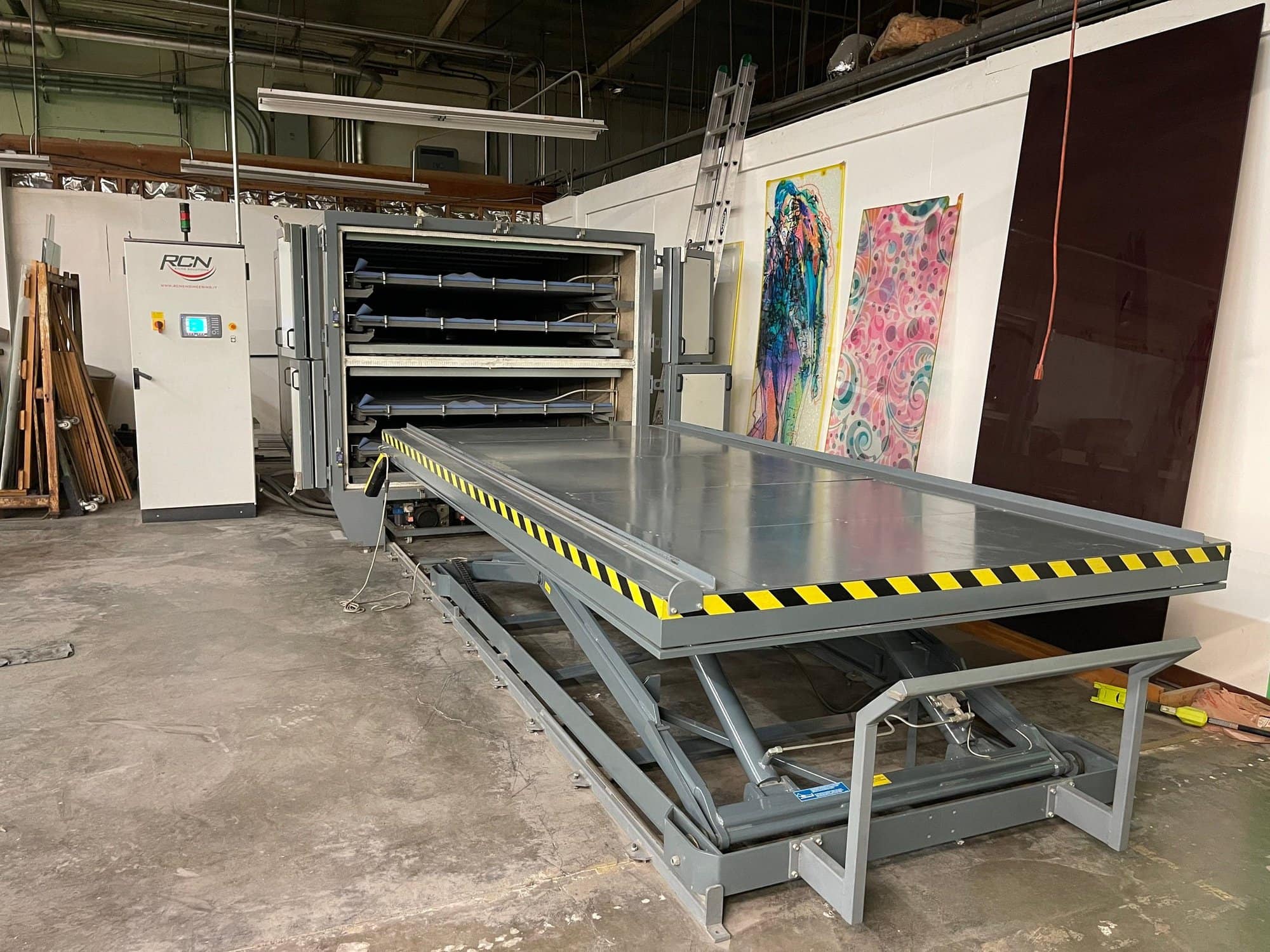 R.C.N. Glass Lamination Oven, Assembly Table, and Hydraulic Lift, 2011- **Very Low Hours** Make an Offer