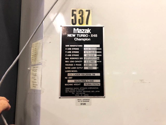 1000 Watt Mazak Turbo X-48 Champion CO2 Laser, 1996 - 4' X 8' Table - Image 4