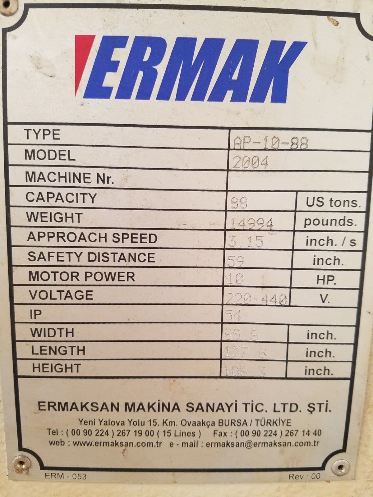 88 Ton x 10' Ermak AP-10-88 CNC Press Brake, 2004 - Image 5