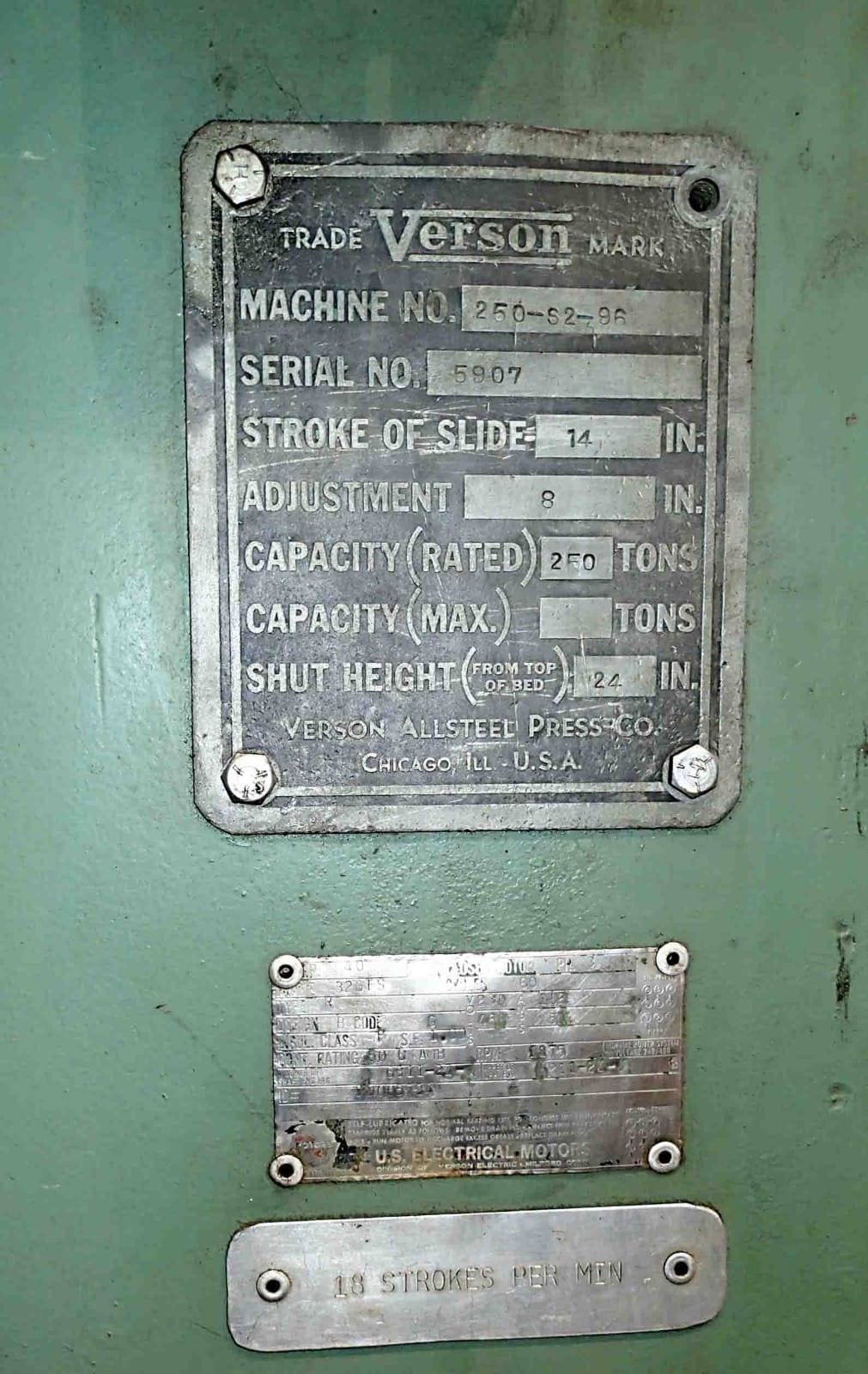 250 Ton Verson Model 250-S2-96 Straight Side Press- 42" x 96" Bed, 14" Stroke, 24" Shut - Image 8