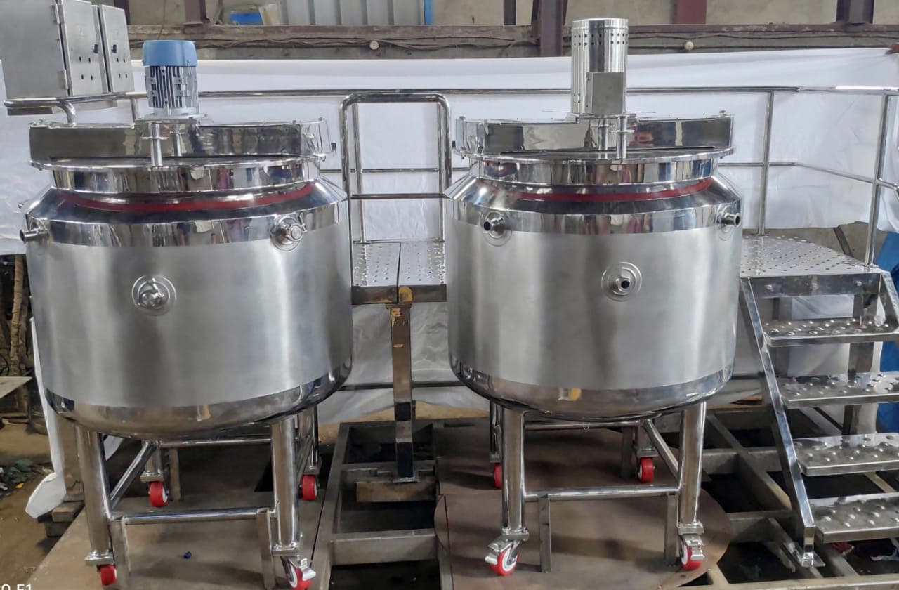 132 Gallon Stainless Steel Mixing Tanks- Homogenization Agitation, Electric Heat Jacketed, PLC Controller, Bottom Discharge W/ Motor, On Castor Wheels (2)