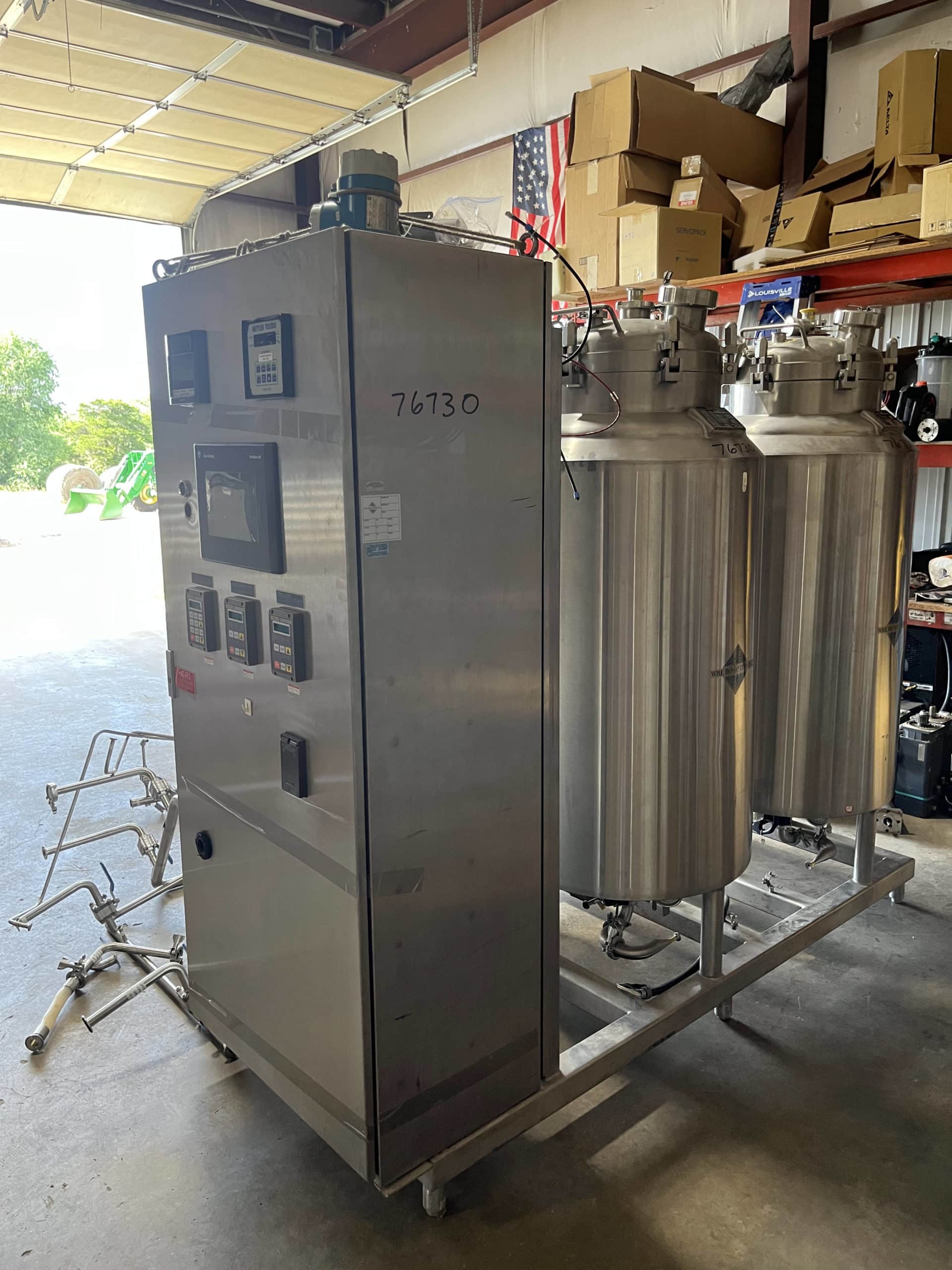 (x2) 100 Gallon Vertical Stainless Steel Tanks, Fermentation Skid, Jacketed, Agitated, 1997- Allen Bradley Control