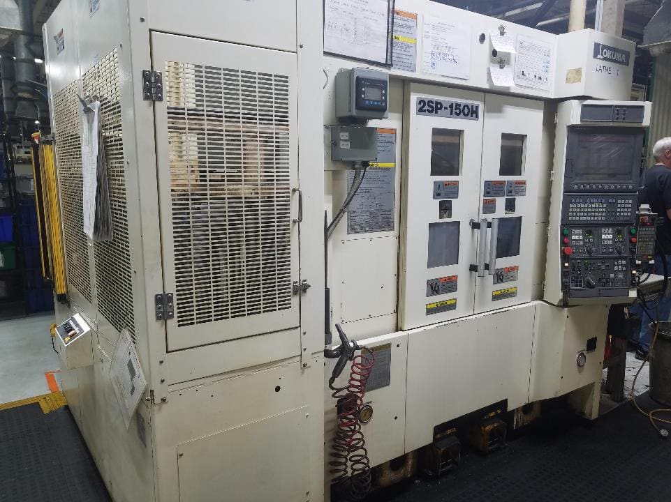 Okuma 2SP-150H Twin Spindle CNC Chucker Lathe, 2007 - Gantry Loader, Twin Turret