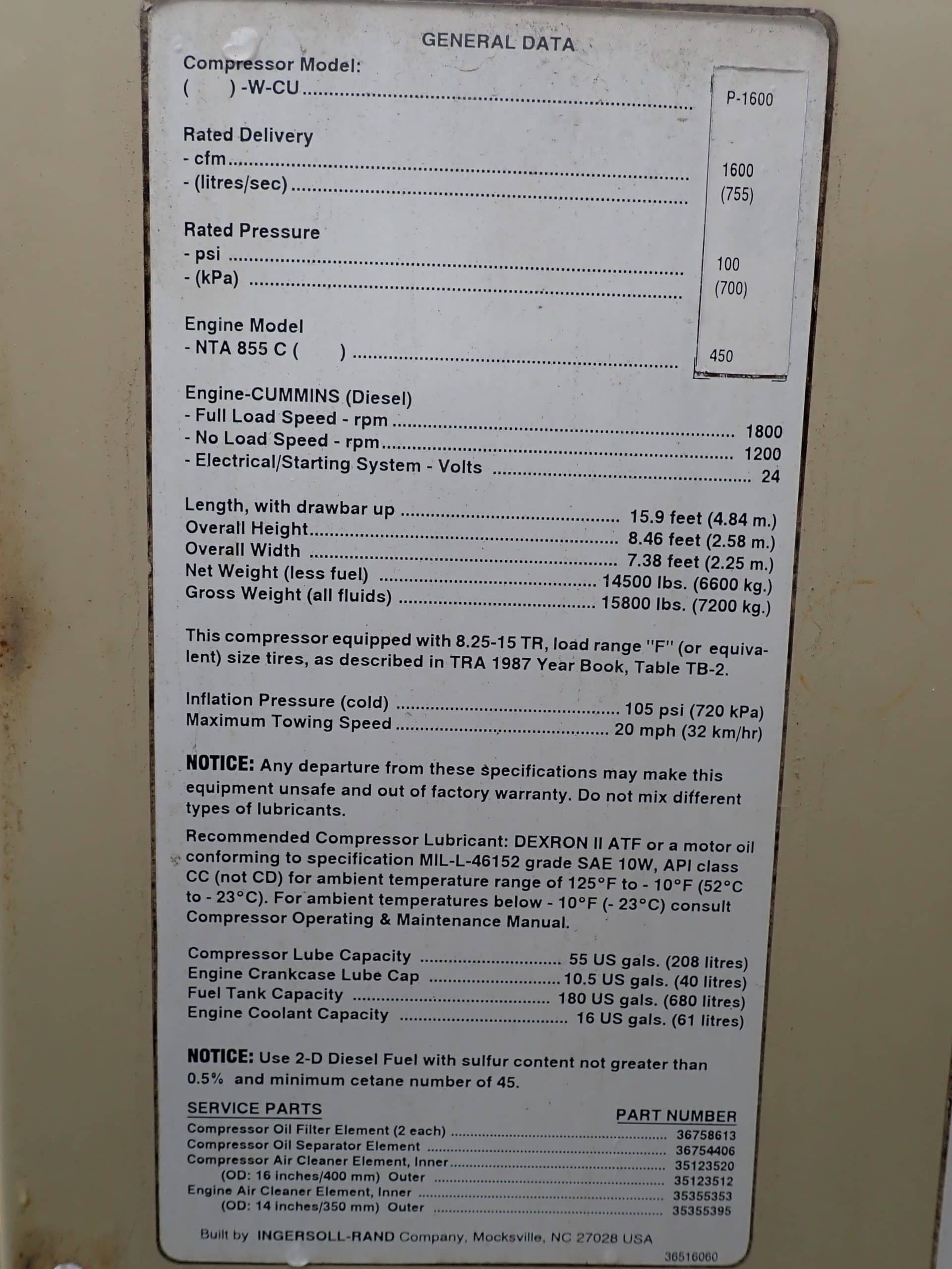450 HP Ingersoll Rand P1600 Mobile Air Compressor, 1992 - Image 5