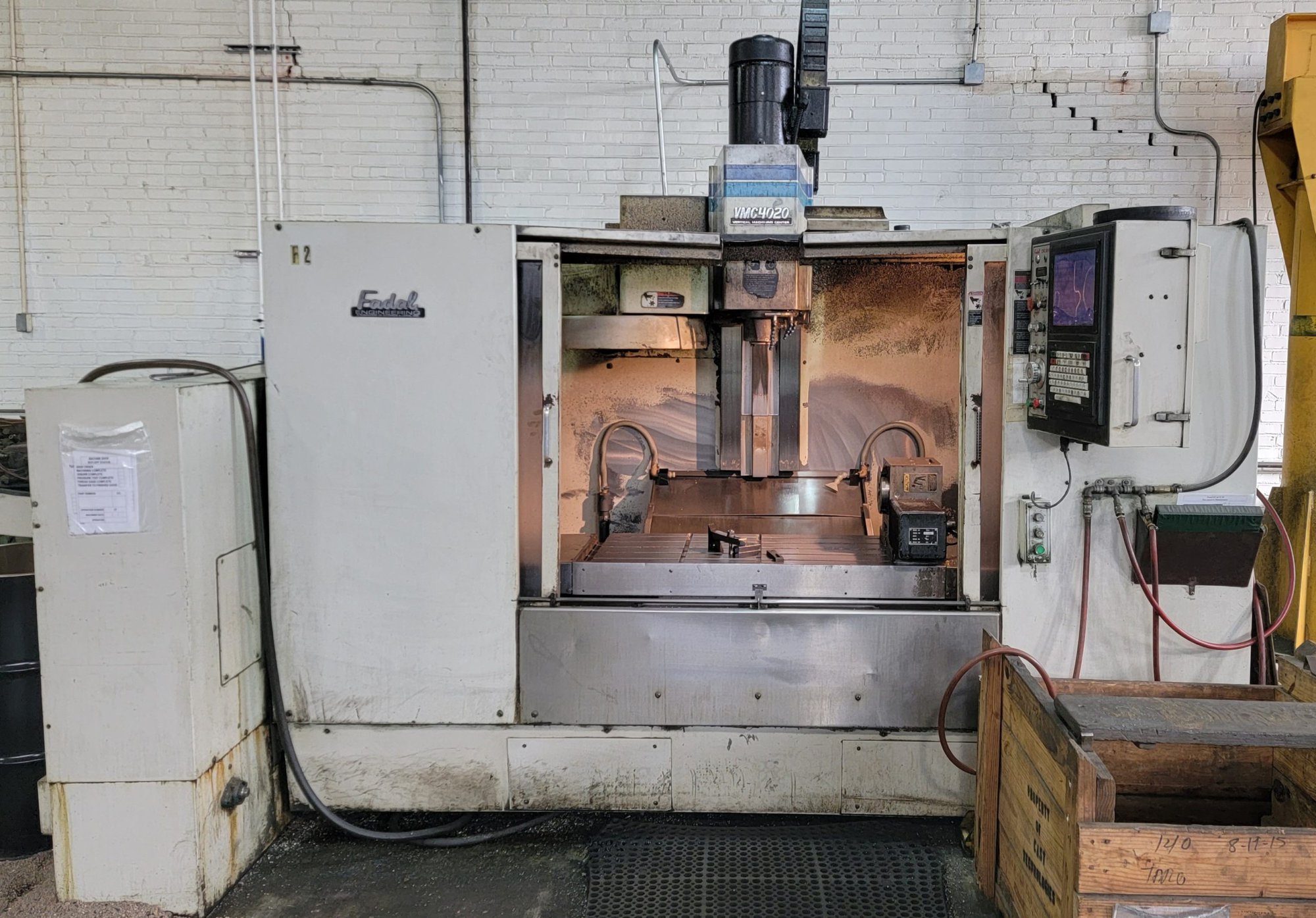 Fadal 4020 VMC, 2002 - Tailstock, Coolant Tank, Hydrosweep, A Axis Rotary Head