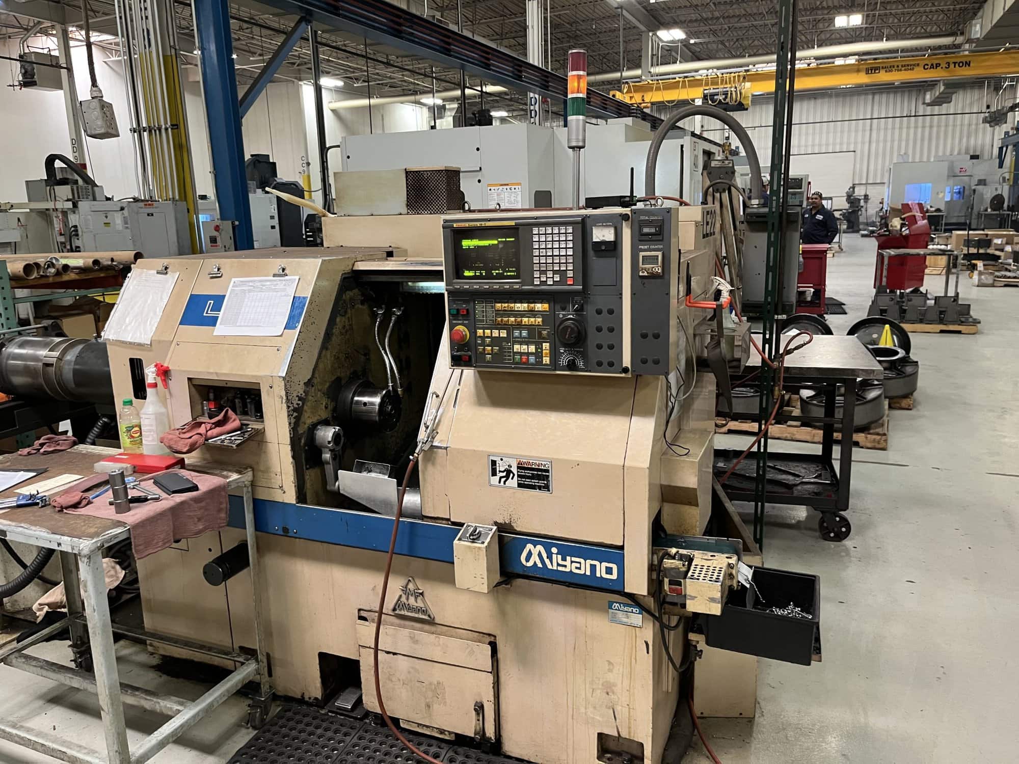 Miyano LE22 CNC Lathe, 1988- Bar Feeder, Chip Conveyor, Fanuc Control