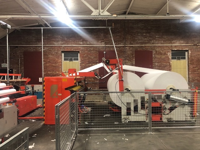 Wangda Group WD-TP-RPM 2800 IV Toilet Paper Rewinding and Perforating Machine, 2018- W/ 100 Log Accumulator, Log Saw Cutting Machine, Packing Machine for Single Roll, & Automatic Roll Core Machine - Image 2