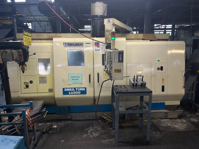 Okuma LU-300 CNC Lathe, 2003 - 8" Chuck, Twin Turret, Chip Conveyor, Hydraulic Steady Rest, Mist Collector.