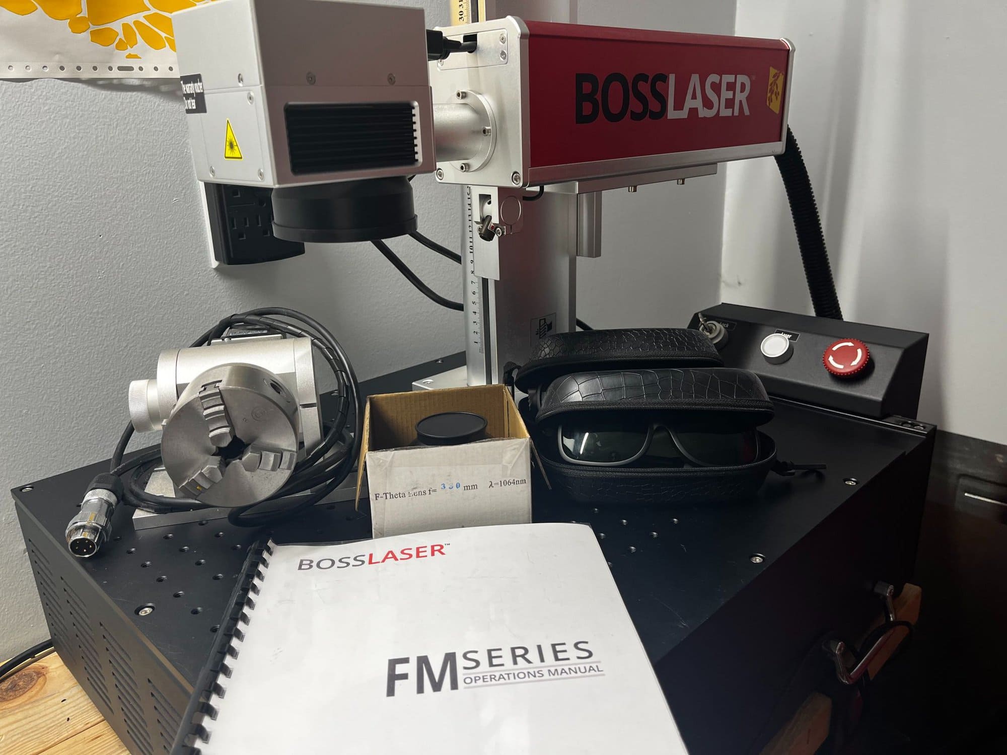Boss Laser FMD30 Fiber Laser Marking Machine, 2021 - Equipped with Rotary and Extra Lenses