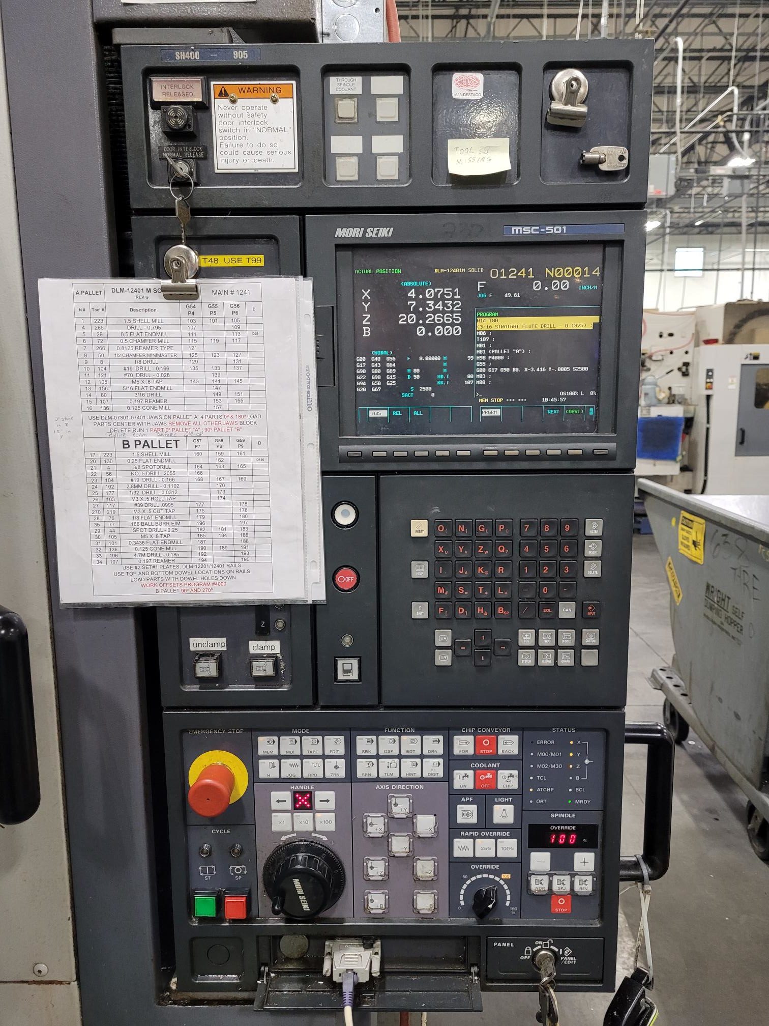 Mori Seiki SH-400 CNC HMC, 2000 - Chip Conveyor, Tombstones, TSC, Mist Collection, CAT 40 - Image 2