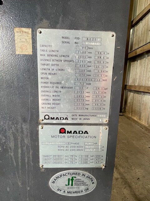 88 Ton x 8' Amada FBD 8025 CNC Press Brake