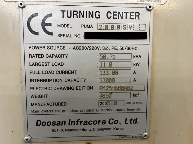 Doosan Puma 2000SY CNC Lathe