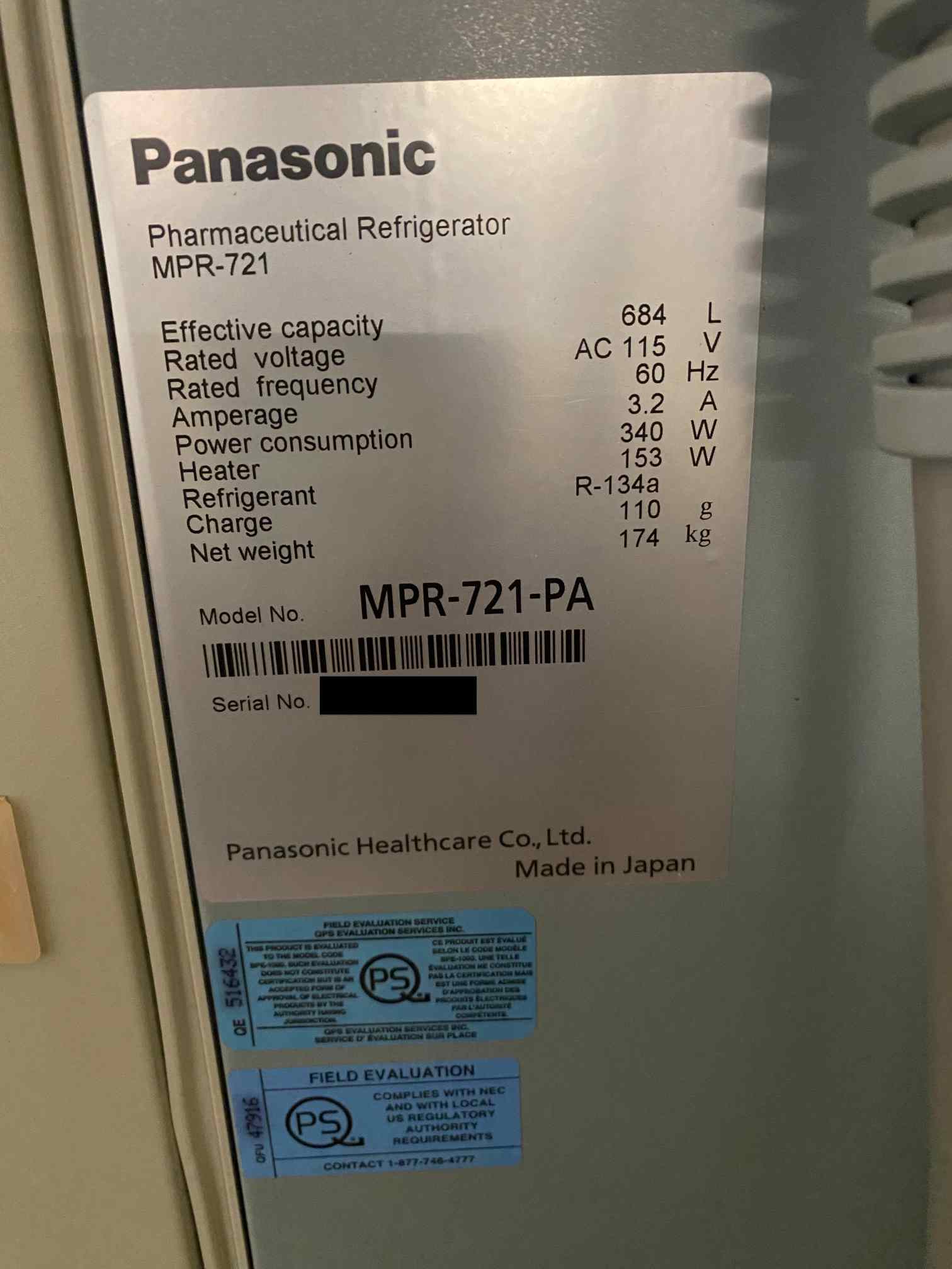 Panasonic MPR-721-PA Ultra-Low Pharmaceutical Refrigerator