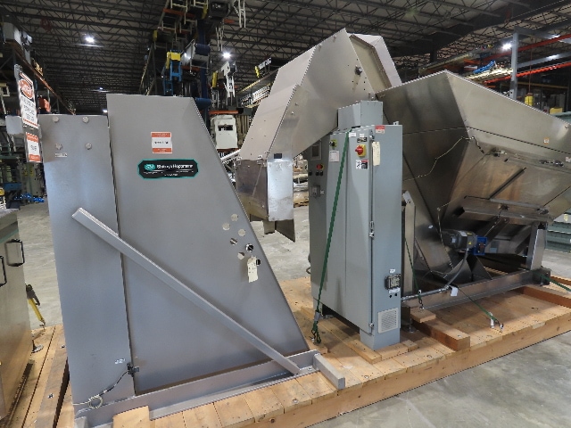 Shibuya Hoppmann Norwalt Aerosol Can Puck Sorter Inserter Line w/ Feeder Hopper