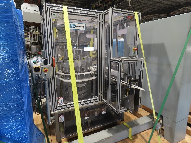 Shibuya Hoppmann Norwalt Aerosol Can Puck Sorter Inserter Line w/ Feeder Hopper