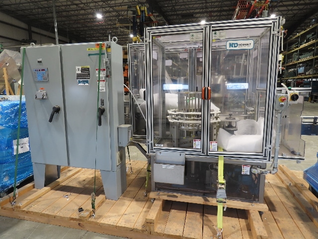Shibuya Hoppmann Norwalt Aerosol Can Puck Sorter Inserter Line w/ Feeder Hopper