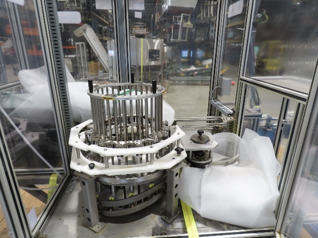Shibuya Hoppmann Norwalt Aerosol Can Puck Sorter Inserter Line w/ Feeder Hopper