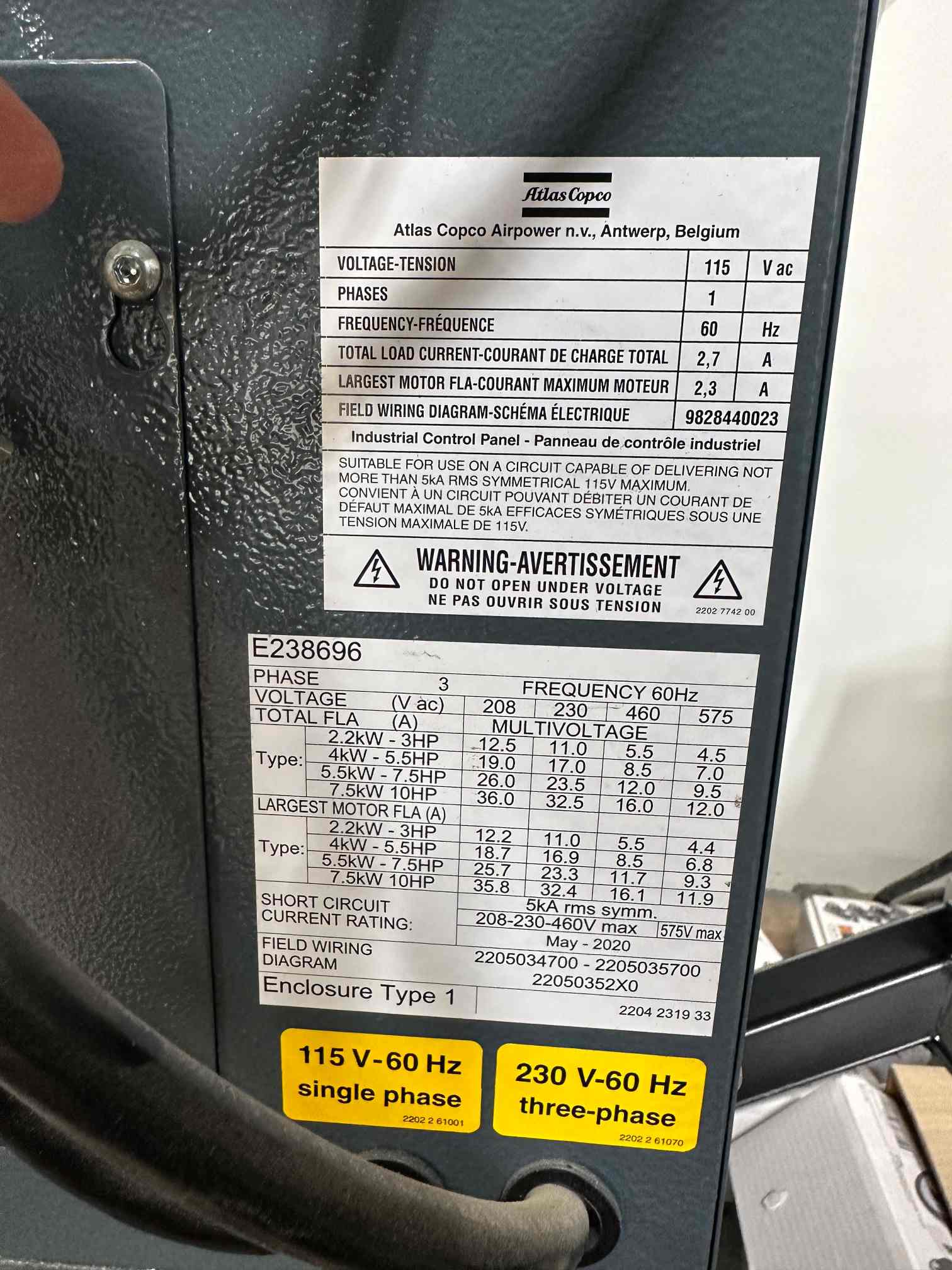 5.5 HP Atlas Copco G4FF Rotary Screw Air Compressor