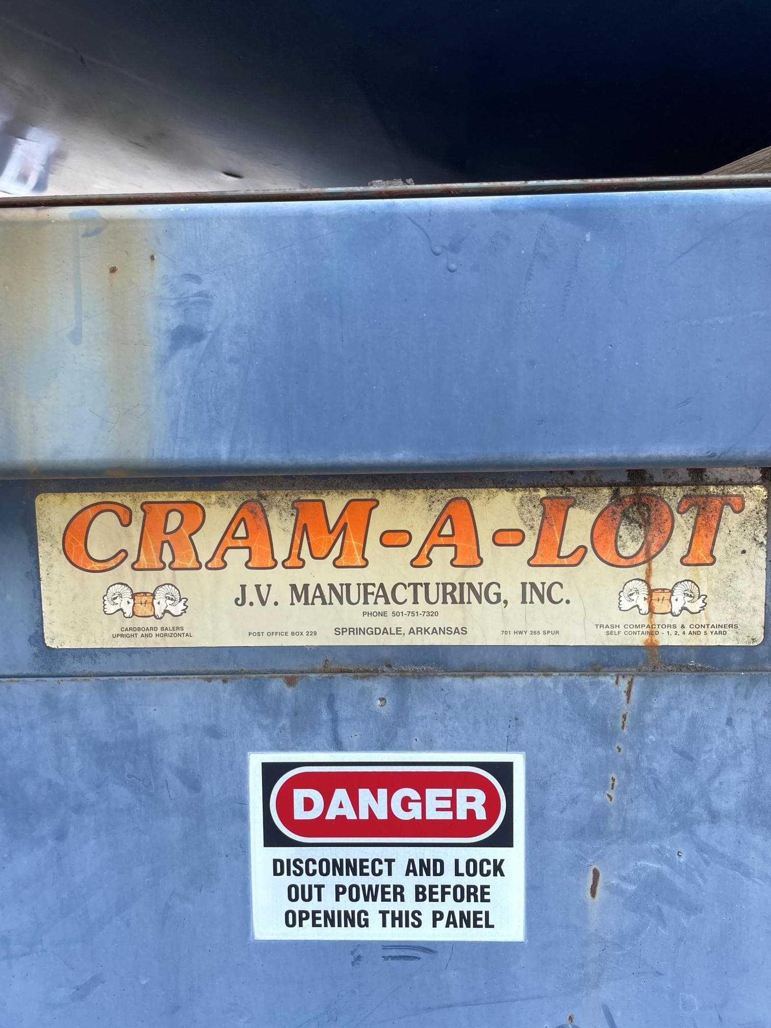JV Manufacturing CRAM-A-LOT Compactor w/ Baycon Container