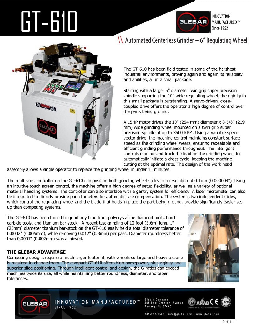 Glebar GT-610 Infeed/Thrufeed Centerless Grinder