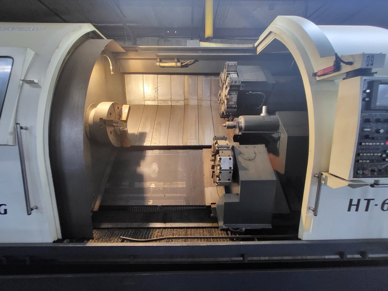 JOHNFORD HT-60-2D CNC Lathe, 2004 - Twin Turret, Chip Conveyor, Programable Tailstock, 24" Chuck - Image 14