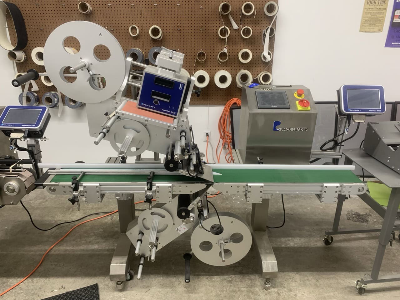 Pack Leader PL-501 Wrap Around Label Applicator and Pack Leader PL-221 Top and Bottom Label Applicator with (2) Videojet 6330 Thermal Printers and Straight Shooter Feeder R-12, 2022