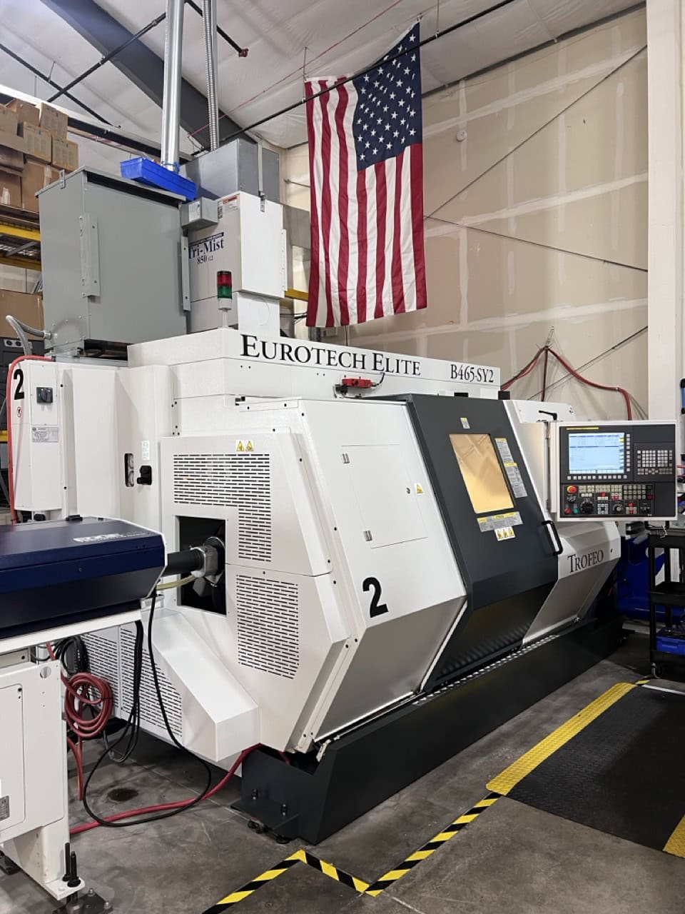 Eurotech Elite B465-SY2 Trofeo CNC Lathe, 2021 - Patriot Barfeeder, LNS Magnetic Chip Conveyor, Mist Collector