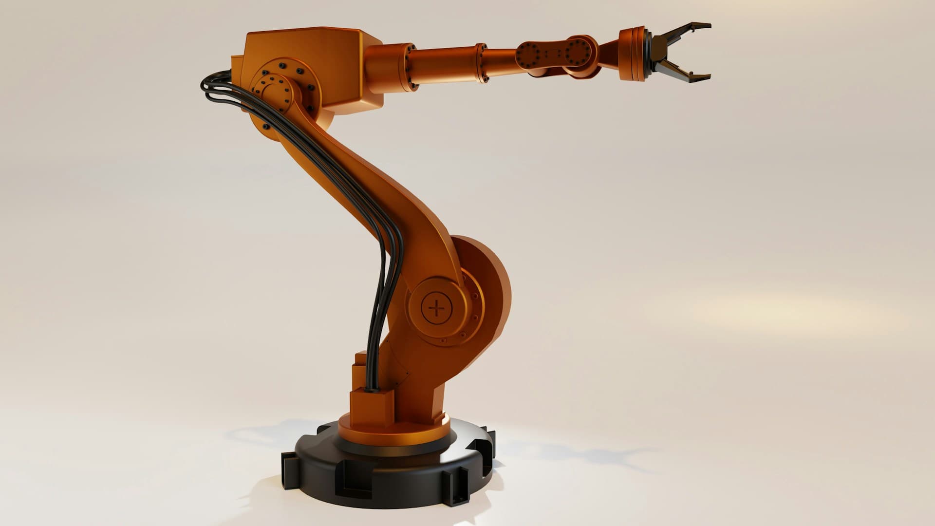 Brown robotic arm against a white background