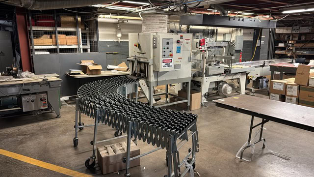 Texwrap 2219 Automatic Shrink Wrapper with Closing Conveyor for Small Product, Extended Lugged Infeed and Texwrap T-1322 Dual Chamber Heat Tunnel, 2001 - Need Gone ASAP