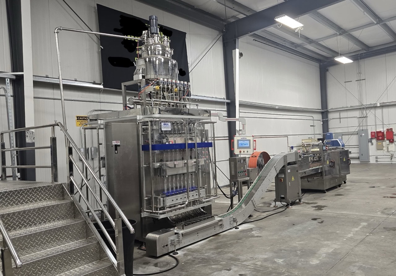 Samfull SF-720-8 8 Lane Liquid Stick Pack Machine with Counter, Cartoner, 1000L Homogenizing Mixer and Transfer Pump, 2024 - Complete Liquid Stick Pack Processing and Packaging Line
