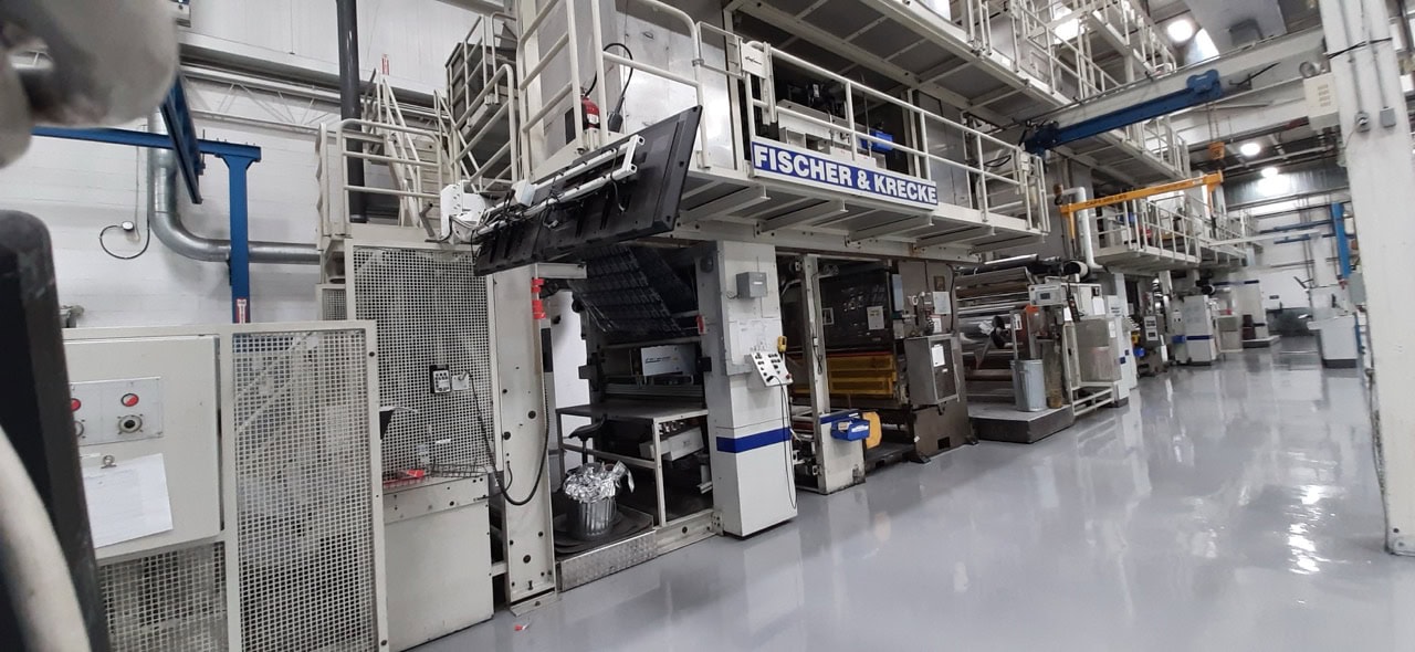 55" Fischer & Krecke Flexpress 16S – 8-Color CI Flexographic Printing Press w/ Laminator, Gravure, Flying Splice Unwinds/Rewind