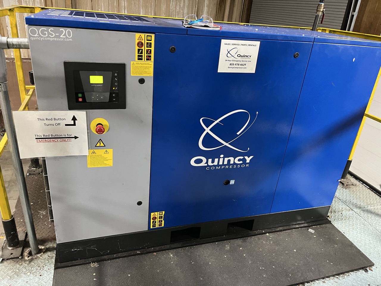 20 HP Quincy QGS‑20 Rotary Screw Air Compressor, 2015 - 125 PSI, 82 CFM, 2200 hours