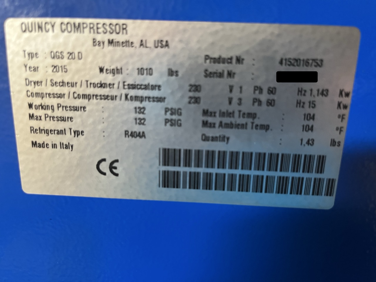 20 HP Quincy QGS‑20 Rotary Screw Air Compressor, 2015 - 125 PSI, 82 CFM, 2200 hours - Image 7