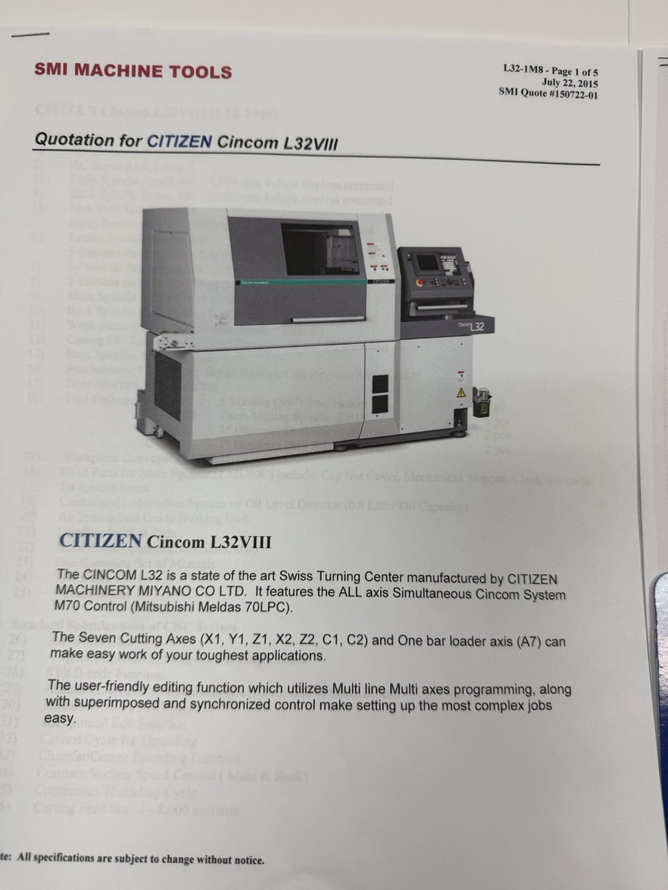 Citizen L32-1M8 Swiss Lathe, 2015 - Bar Loader, Mist Collector - Image 5